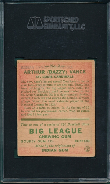 1933 Goudey #2 Dazzy Vance SGC 40
