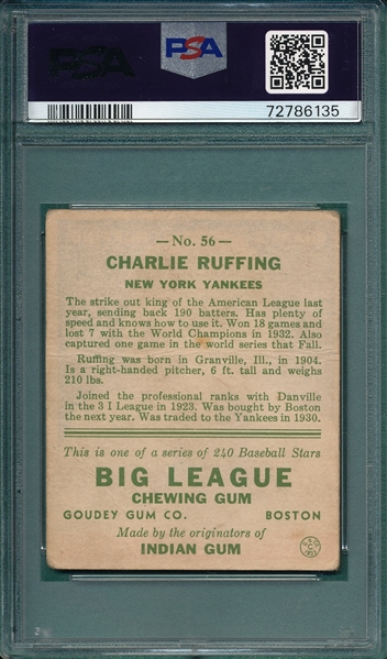 1933 Goudey #56 Charlie Ruffing PSA 1.5
