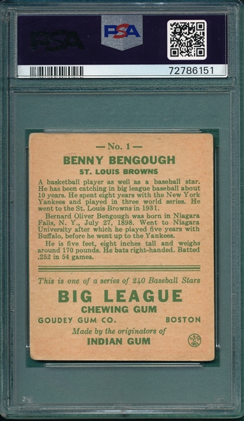 1933 Goudey #1 Benny Bengough PSA 2