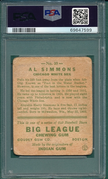 1933 Goudey #35 Al Simmons PSA 1