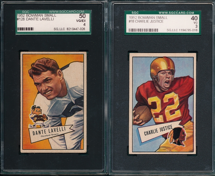 1952 Bowman Football Small #18 Justice & #128 Lavelli, Lot of (2), SGC 