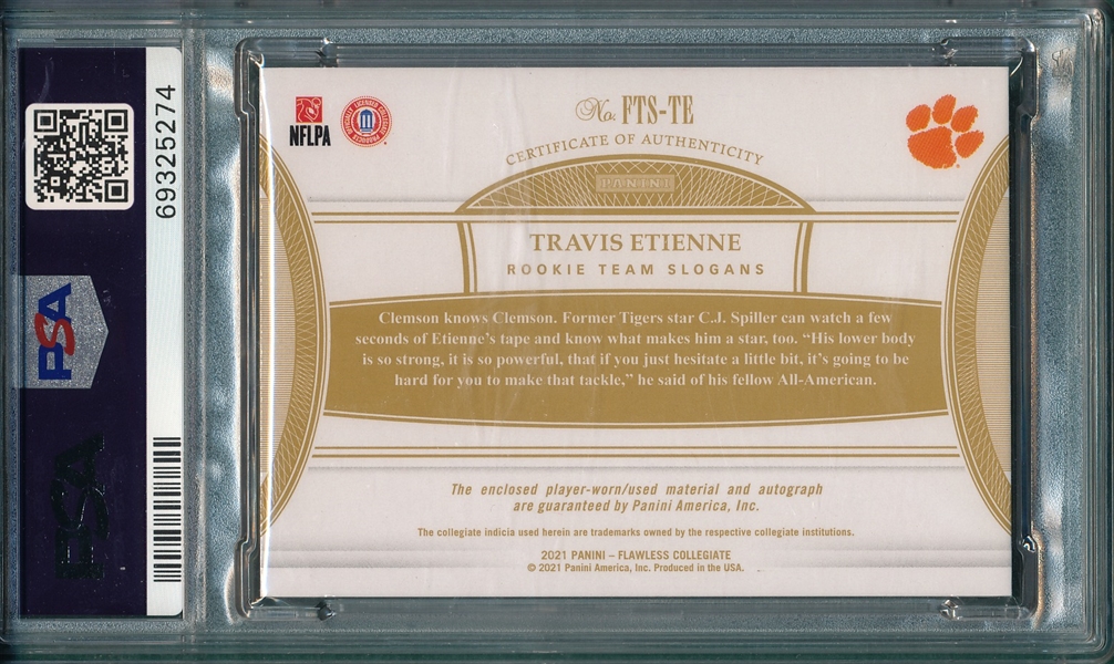 2021 Flawless, Travis Etienne, Rookie, Slogan Signature, Ruby, 10/20 Patch RPA, PSA 10