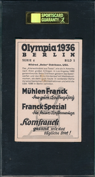 1936 Muhlen Franck Olympics #5 Babe Didrikson SGC 30