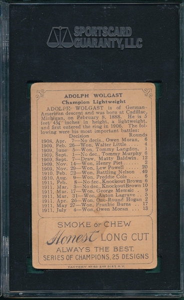 1912 T227 Series of Champions Ad Wolgast Honest Long Cut SGC 30
