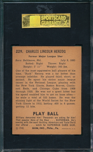 1940 Play Ball #229 Buck Herzog SGC 80 *Hi #*