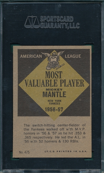 1961 Topps #475 Mickey Mantle, MVP, SGC 86