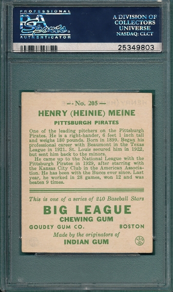 1933 Goudey #205 Heinie Meine PSA 5