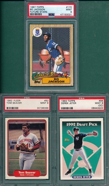 1982-93 Seaver, Bo Jackson & Jeter, Lot of (3) PSA 9 *Rookies*