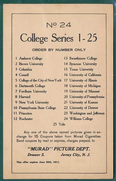 1910 T6 College Series Murad Cigarettes Complete Set (25) 