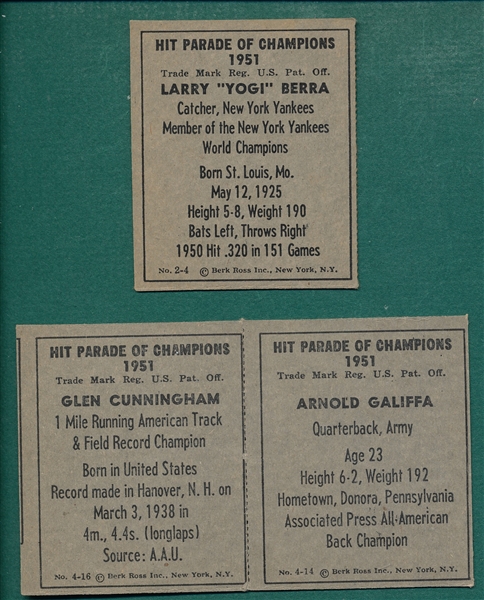 1951 Berk Ross & Bowman Lot of (3) W/ Berra