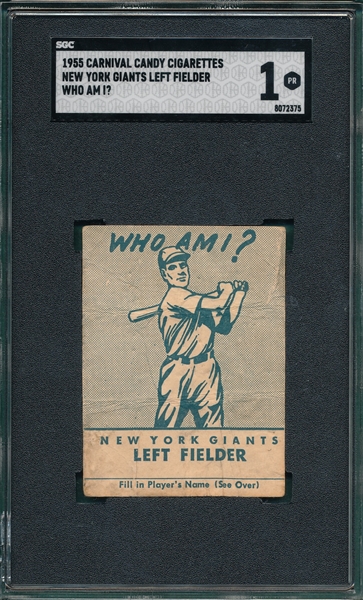 1955 Carnival Candy, Who Am I?, Giants Left Fielder, (Irvin) SGC 1 *One of One*