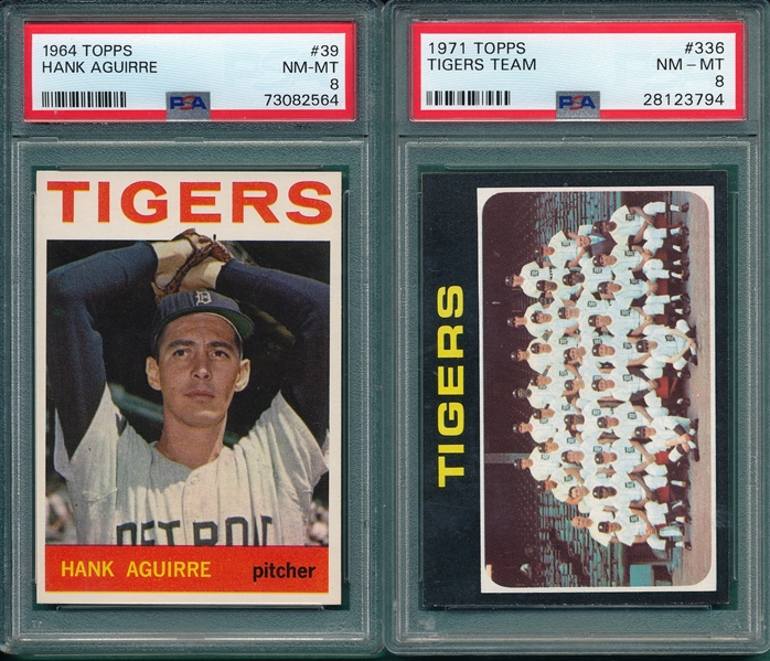 1964 Topps #39 Aguirre & 1971 #336 Tigers, Lot of (2) PSA 8