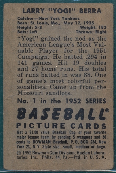 1952 Bowman #1 Yogi Berra