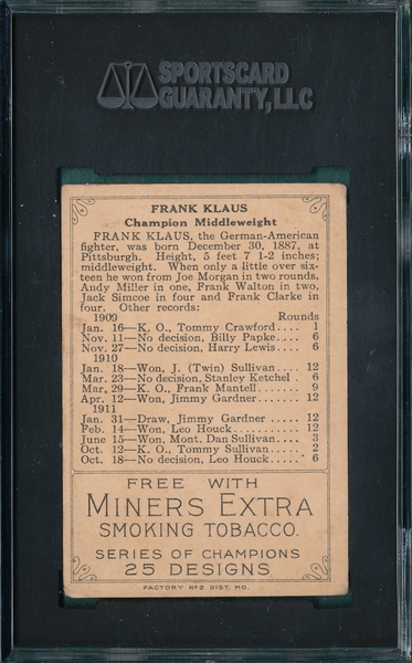 1912 T227 Frank Klaus, Boxer, Honest Long Cut SGC 2.5