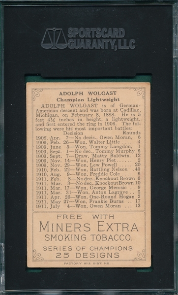 1912 T227 Ad Wolgast, Boxer, Miner's Extra, SGC 2.5