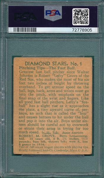 1934-36 Diamond Stars #1 Lefty Grove PSA 2 (MK)