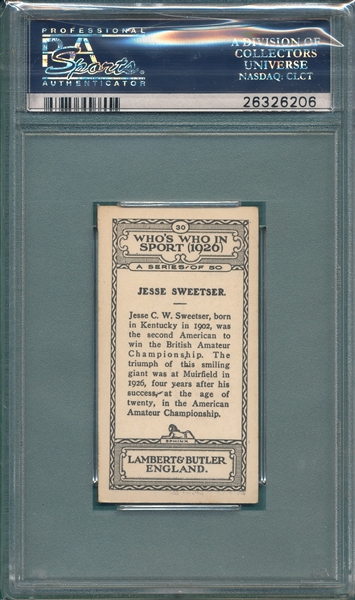 1926 Lambert & Butler #30 Jesse Sweetser, PSA 6