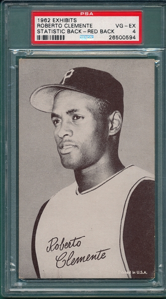 1962 Exhibits Roberto Clemente, Red Stats Back, PSA 4 