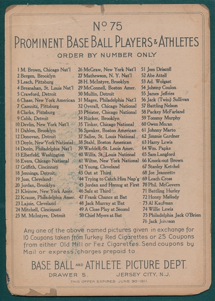 1910-11 T9 #75 Jack O'Brien Turkey Red Cigarettes 