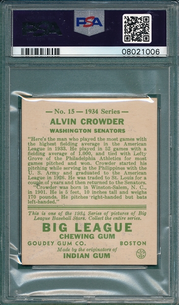 1934 Goudey #15 Alvin Crowder PSA 8
