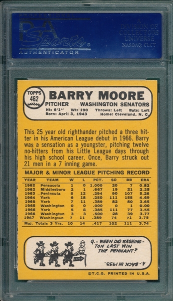 1968 Topps #462 Barry Moore PSA 9