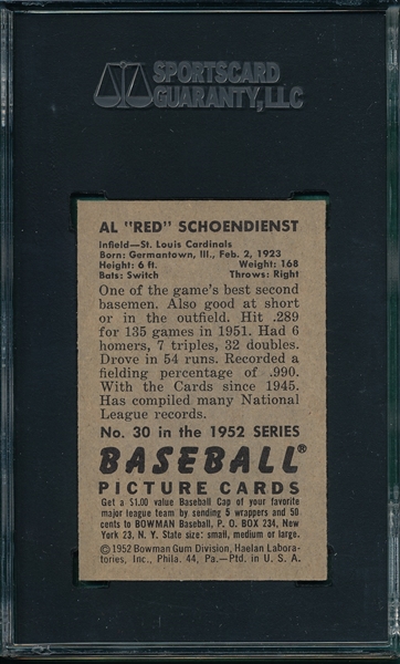 1952 Bowman #30 Red Schoendienst SGC 88
