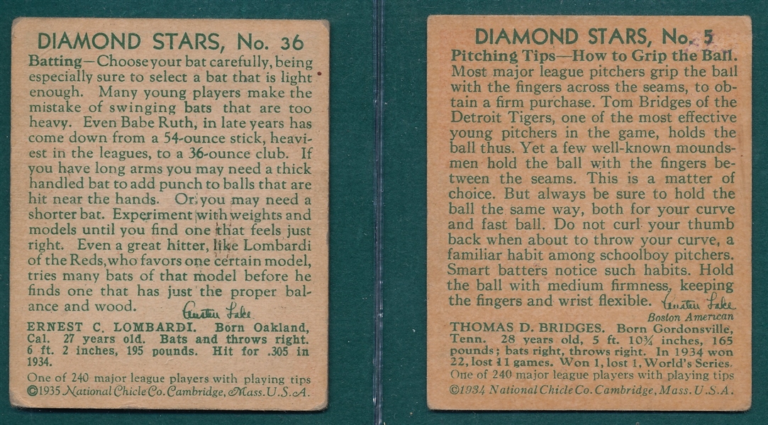 1934-36 Diamond Stars #5 Bridges & #36 Ernie Lombardi, Lot of (2)