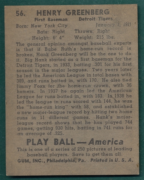 1939 Play Ball #56 Henry Greenberg