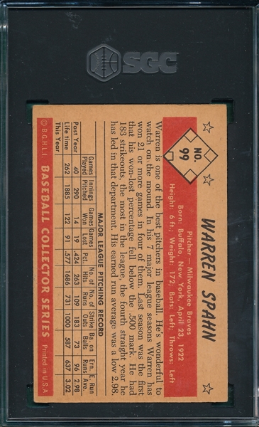 1953 Bowman Color #99 Warren Spahn SGC 4.5