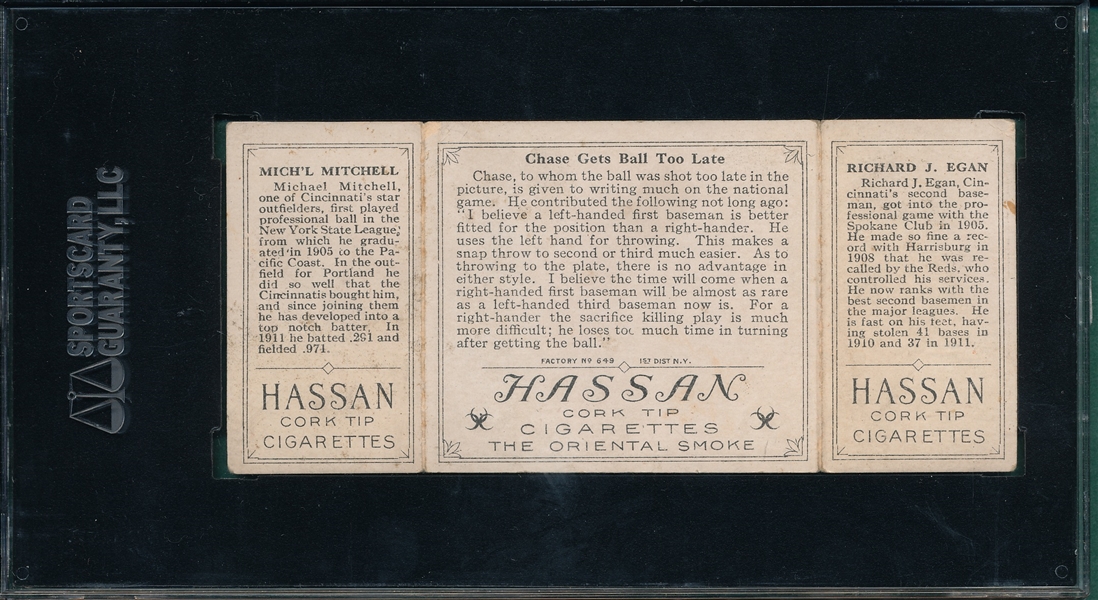 1912 T202 Chase Gets Ball Too Late, Egan/Mitchell, Hassan Cigarettes SGC 40