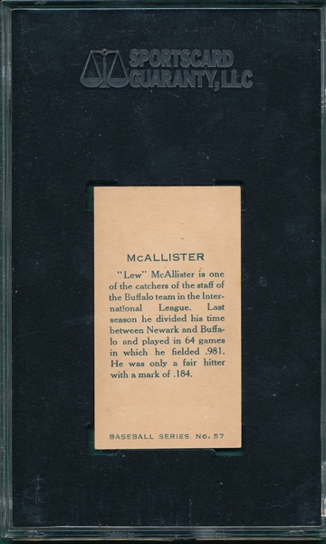 1912 C46 #57 Lew McAllister Imperial Tobacco SGC 80