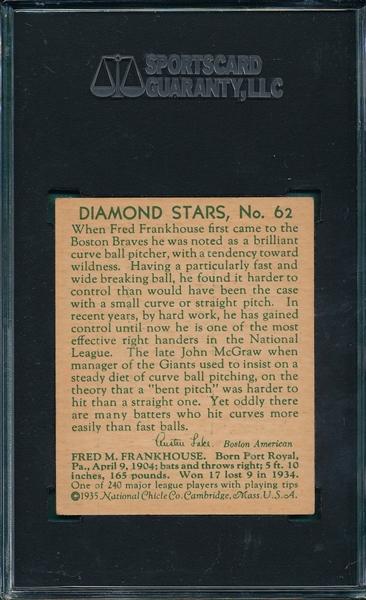 1934-36 Diamond Stars #62 Fred Frankhouse SGC 80