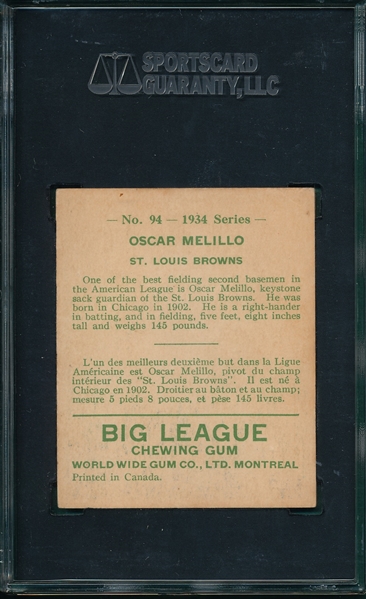 1934 World Wide Gum #94 Oscar Melillo SGC 60
