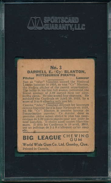 1936 World Wide Gum #3 Cy Blanton SGC 20
