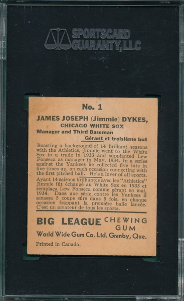 1936 World Wide Gum #1 Jimmy Dykes SGC 35