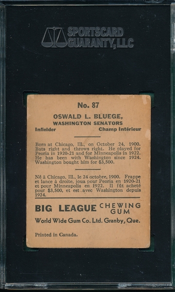 1936 World Wide Gum #87 Ossie Bluege SGC 35