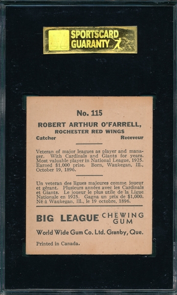 1936 World Wide Gum #115 Bob O'Farrell SGC 50