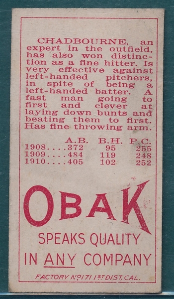 1911 T212-3 Chadbourne Obak Cigarettes