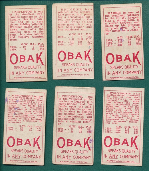 1911 T212-3 Obak Cigarettes, Lot of (6) W/ Brinker