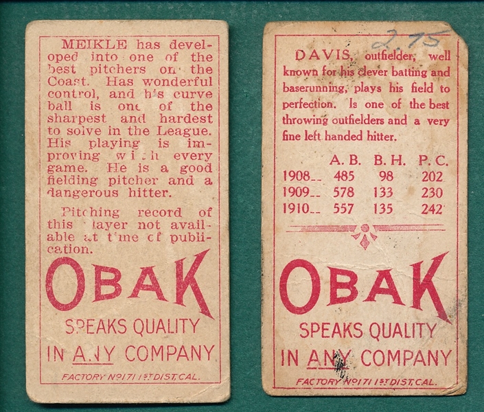 1911 T212-3 Obak Cigarettes, Lot of (9) W/ Mielke