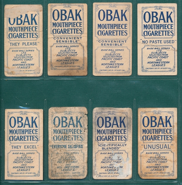 1910 T212-2 Obak Cigarettes, Lot of (8) W/ Killilay
