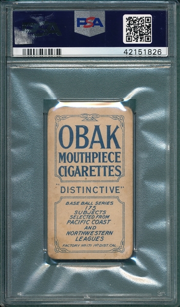 1910 T212-2 Brown, Vernon, Obak Cigarettes PSA 2.5