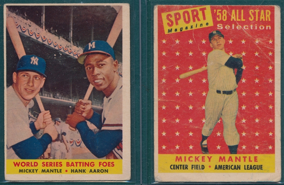 1958 Topps #418 WS Batting Foes & #487 Mantle, AS, Lot of (2)