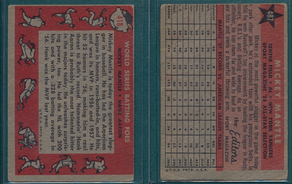 1958 Topps #418 WS Batting Foes & #487 Mantle, AS, Lot of (2)