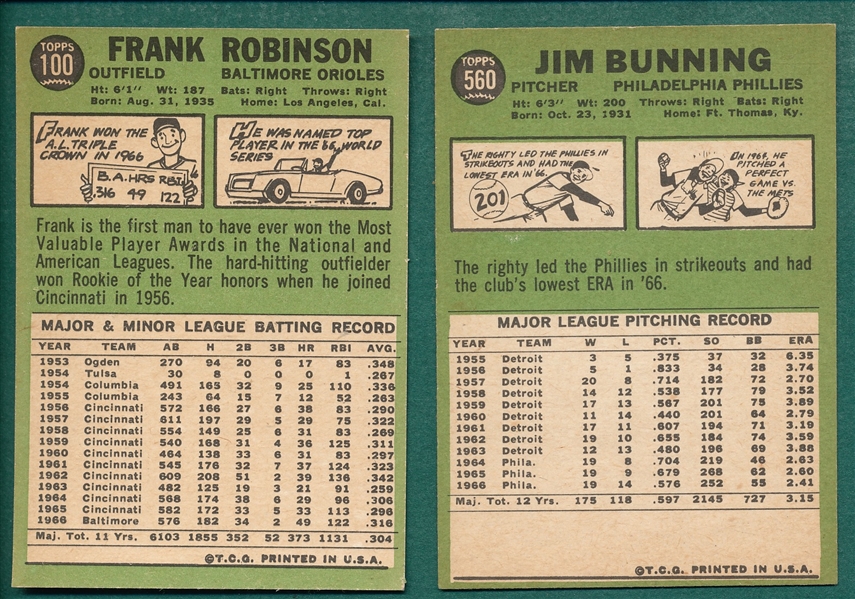 1967 Topps #100 Frank Robinson & #560 Bunning, Hi #, Lot of (2)