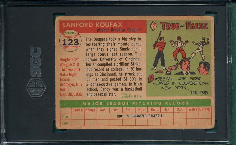 1955 Topps #123 Sandy Koufax SGC 2 *Rookie*
