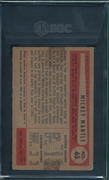 1954 Bowman #65 Mickey Mantle SGC 1