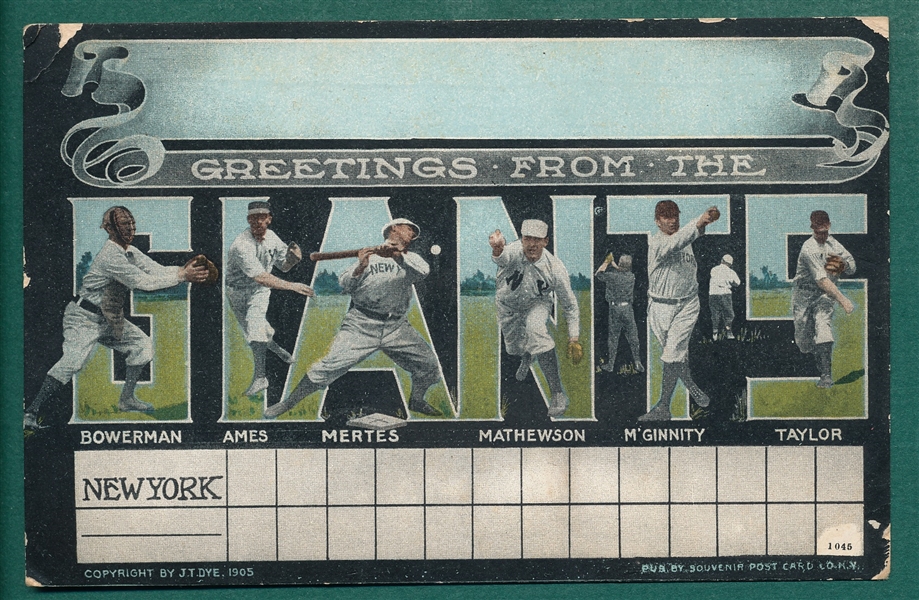 1905 J. T. Dye New York Giants Postcard W/ McGinnity & Mathewson