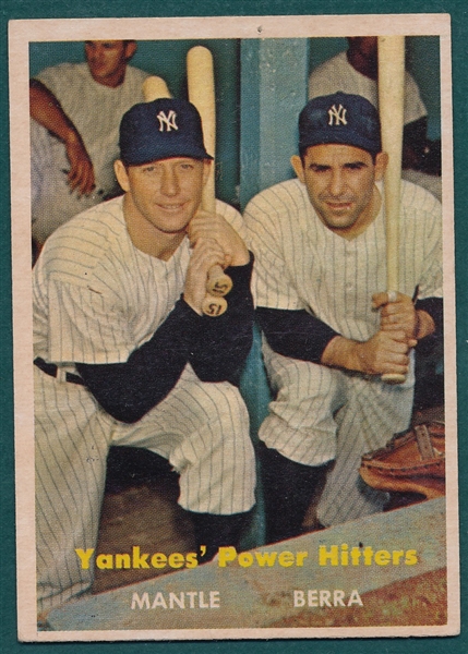 1957 Topps #407 Yankees Power Hitters W/ Berra & Mickey Mantle 