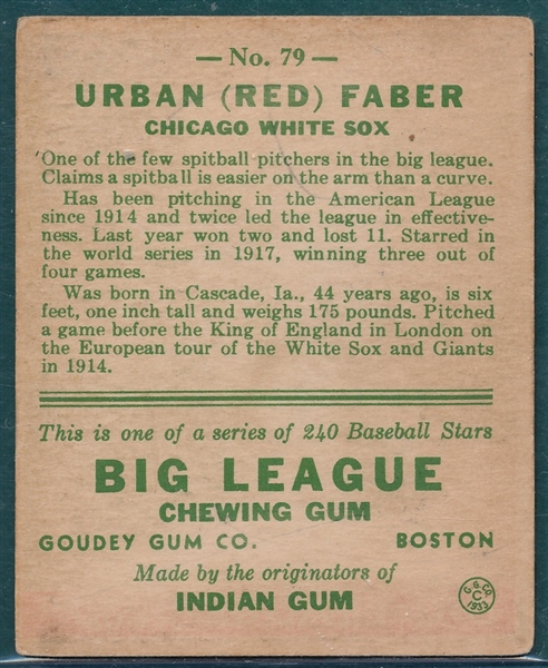 1933 Goudey #79 Urban Red Faber